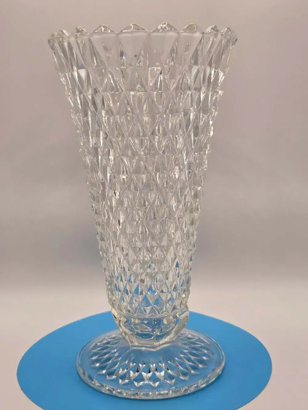 VTG Indiana Glass Diamond Point Clear Footed Pedestal Vase